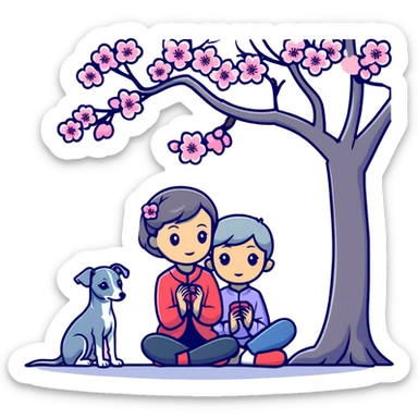 A young Chinese girl and a grey Italian Greyhound sitting under a cherry blossom tree sticker