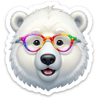 close up headshot of a friendly anthropomorphised polar bear with excited expression wearing large multicolored star-shaped glasses sticker