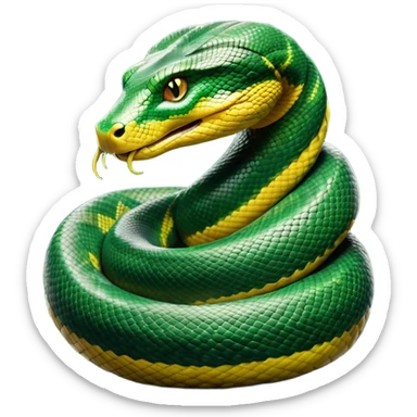 cinematic-anaconda-realistic-full-body-coiled-emoji,-thick-muscular-body-wrapped-in-powerful-loops,-smooth-green-and-black-patterned-scales-glinting-under-the-light,-head-raised-slightly,-piercing-golden-eyes-staring-intensely,-simplified-yet-realistic-focused-features,-highly-detailed,-glowing-with-an-almost-sarcastic-glow sticker