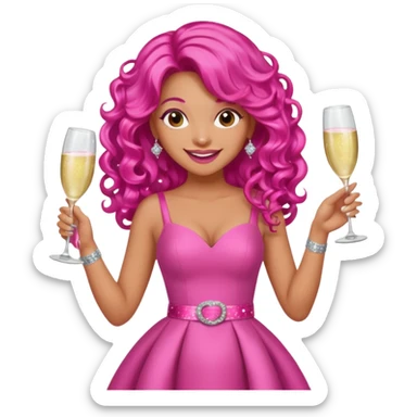 One lady with long hot pink curled hair and tan skin wearing a pink dress with sparkly belt holding a glass of pink champagne in each hand smiling cheerfully  sticker