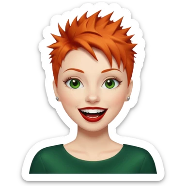 Short spikey Ginger hair, green eyes, black long eye lashes large red lips White woman laughing sticker