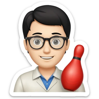 Bowling pin with a human face of a guy with black hair and glasses sticker