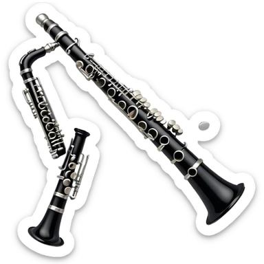 Create an emoji, representing a black standard clarinet. The design should feature a smooth, glossy black body of the clarinet with shiny, silver keys clearly visible. Highlight the intricate details of the mouthpiece and reed at the top, while the body of the instrument should remain simple and elegant. Add subtle musical notes or soundwaves floating around the instrument to symbolize its clear, melodic sound. Use black for the body, silver for the keys, and soft lighting effects to give the instrument a polished, sophisticated look. The background should be transparent. sticker