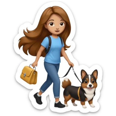 Burnette Girl with long hair Walking a black corgi  sticker