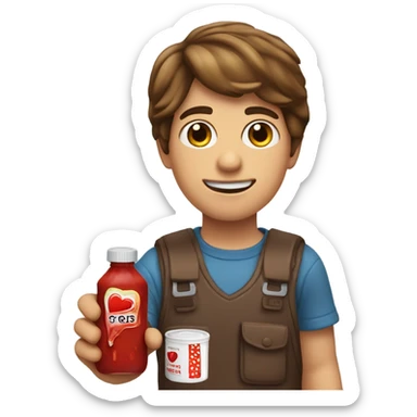 Brown haired boy holding a ketchup packet with red heart eyes  sticker