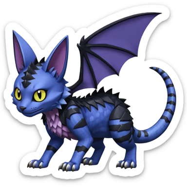midnight blue-gray-black, scaley scaly batty feline-like quadrupedal digitigrade furry feral Bastet-Noibat-Gatomon-Garchomp-Digimon-Fakémon-Pokémon-creature (full body) sticker