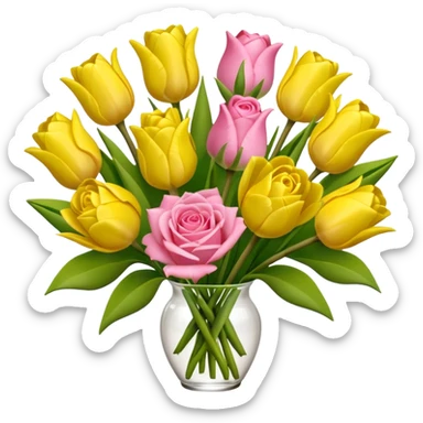 A mixed bouquet of pink roses and yellow tulips sticker
