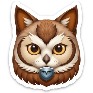 An cats head with a brown on top of the head of the cat the cats head infused with an white owls body with brown wings sticker