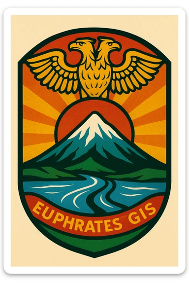 A stylized emblem showing a snowy mountain atop another mountain, a double-headed eagle with one head facing left, two rivers named Euphrates and Tigris flowing below the mountain, the sun in the background, with yellow, red, and green as the main colors. sticker