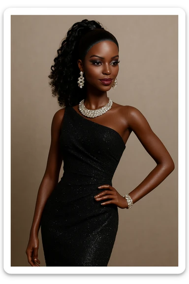 black barbie doll, elegant dress, confident pose, sparkling accessories, modern style sticker