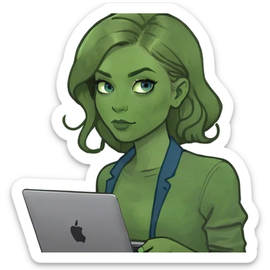 White skin girl with blue eyes, and dark blonde hair working with Mac  sticker