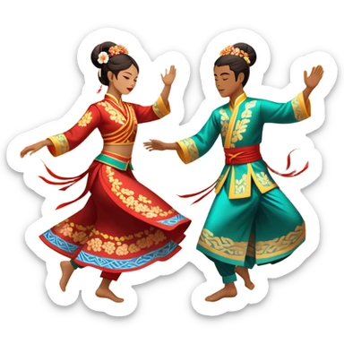 Cinematic Realistic scene of two performers executing a traditional Vietnamese folk dance, adorned in intricately patterned traditional costumes, captured in fluid motion with soft, culturally rich lighting sticker