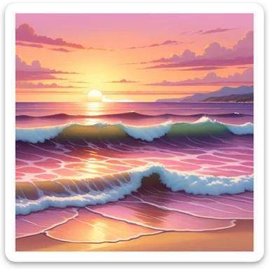 A tranquil seascape with warm-toned waves gently crashing onto the shore, bathed in the golden hues of a sunset. The sky is painted in vibrant oranges and pinks, with a serene, peaceful atmosphere and a distant horizon that adds depth to the beautiful scene. sticker