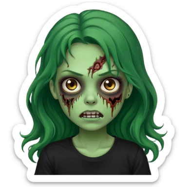 crie um emoji de uma garota zoombie pele verde e cabelo castanho e longo , assustadora e fofa com cabelo ondulado 2b e camiseta básica preta sticker