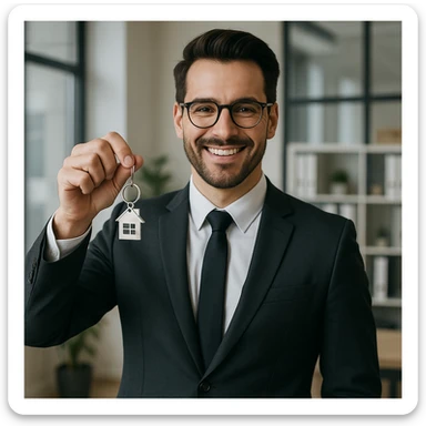 modern real estate agent wearing a suit, holding a house key, smiling, professional environment sticker