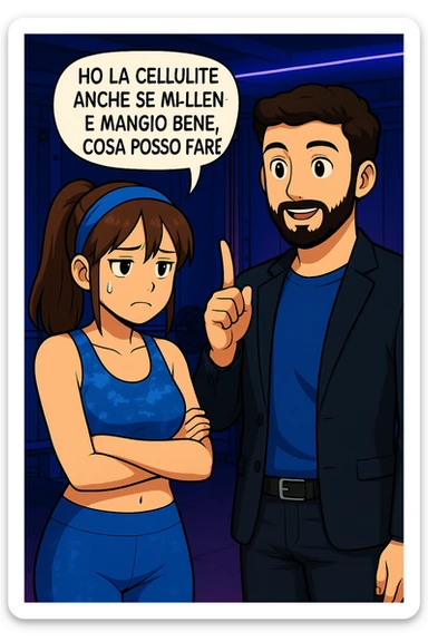 PRENDI SPUNTO DA QUESTO STILE E FAI SOLO IL PRIMO FUMETTO DETTO DA LEI, TUTTI GLI ALTRI DIALOGHI LI FA LUI:

LEI: Ho la cellulite anche se mi alleno e mangio bene, cosa posso fare?

LUI: Hai controllato il tuo baricentro corporeo?
LUI: Sapevi che se il peso del tuo corpo cade in avanti o da un lato, c’è un disallineamento fra bacino e torace, che comprimendo le coste, limita la motilità del diaframma e l’ossigenazione dei tessuti?
LUI: Il mio è il primo e unico percorso che lavora sugli inestetismi con un lavoro mirato sul baricentro corporeo. sticker
