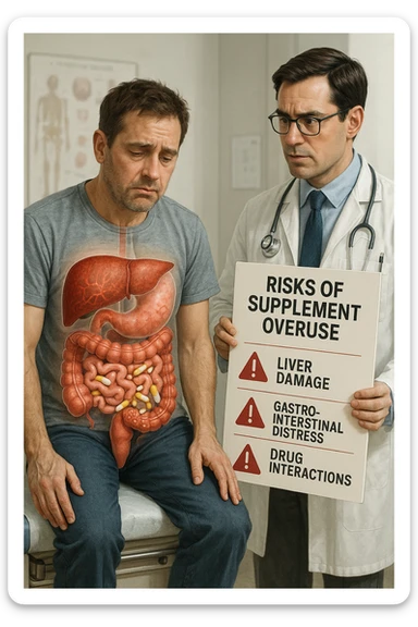 a man sits on a doctor’s examination table, looking fatigued and uncomfortable. A transparent anatomical overlay reveals his liver and intestines, both appearing inflamed and congested, with stylized supplement capsules and pills scattered throughout the digestive tract. The doctor stands nearby, holding a chart that highlights the risks of excessive supplement use. The mood is clinical and educational. in italiano iperrealistica sticker