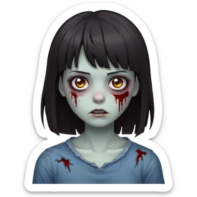 zombie 🧟‍♀️+👩🏻= girl dark hair long her shoulders bangs and ragged haircut gray eyes sticker