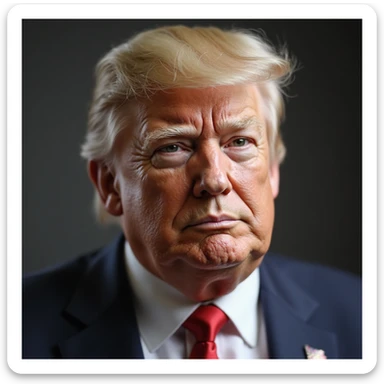 Donald Trump, ultra-realistic, indistinguishable from a real photograph, true-to-life skin and features, signature hair, very sly and foxy look, plain background, subtle emoji polish sticker