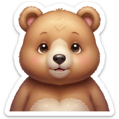 Cinematic cute soft bear, chubby round face, tiny ears, warm fuzzy fur, blushing cheeks, sparkling kind eyes, soft glowing background, heartwarming and huggable. sticker