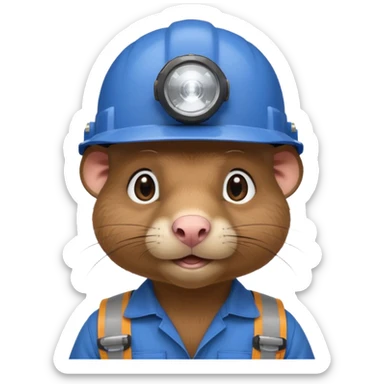 a mole rat, headlamp, BROWN worker cloth, blue helmet,  sticker