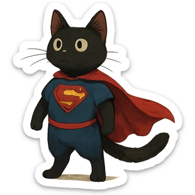 ghibli style super man cat with black fur sticker