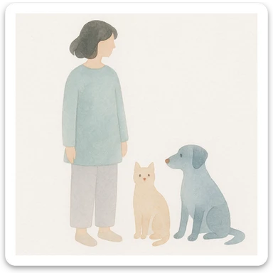 a woman standing with a cat and a dog near her on the right side, watercolor art style illustration sticker