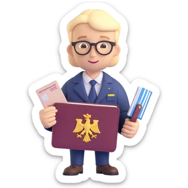 3D style inclusive neutral character with a passport and subtle German symbolism, suitable for all users, app icon sticker