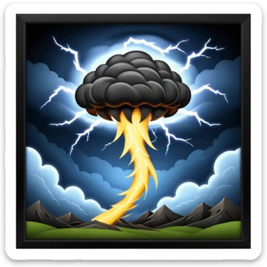 A Discord emoji of a dark, stylized tornado with lightning bolts inside a black circular frame. High contrast, aggressive lines, white background. sticker