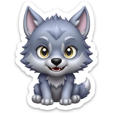 Cinematic Cute Werewolf Portrait Emoji, with a cuddly, miniature lupine form in soft moonlit grays and silvers, featuring oversized sparkling eyes and a sweet, endearing snarl, simplified yet irresistibly adorable, highly detailed with a gentle glowing outline that captures the playful, heartwarming essence of a little werewolf! sticker
