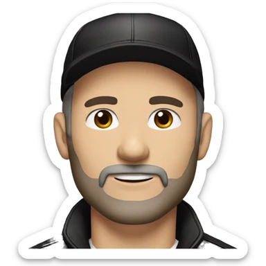 An adult white skin portrait of male with stubble and a slightly gray beard, brown hair, black eyes, wearing a black Reebok cap with a round emblem on his head, and a black leather jacket. sticker