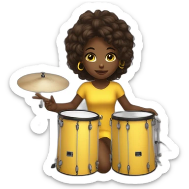 cute girl in yellow dress dark skin with yellow eyes and dark curvy hairs plays on drums sticker