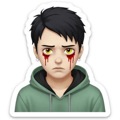 WhatsApp-style zombie emoji, young man, pale green skin, yellowish eyes with dark circles, messy black hair, blood tears, silver eyebrow piercing, nose ring, hoodie, realistic facial features, defined jawline, straight eyebrows, serious expression sticker