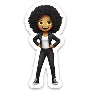 mulher pequena, cor branca, de calça preta e blusa preta com detalhe prateado ,cabelo longo preto, dançando e cantando com o microfone na mão escrito Alê sticker