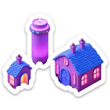 Exterior view of a whimsical jungle farm with cookie-factory-style buildings glowing in purple and blue neon lights, surrounded by lush vegetation, wheat fields and glowing vegetables, surreal atmosphere, no robots, emoji-style sticker