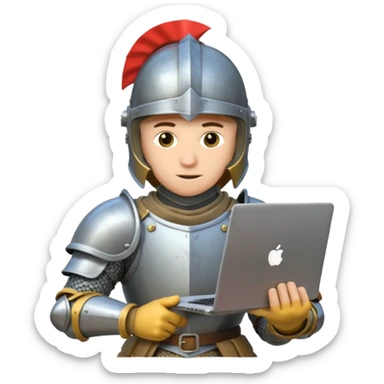 Knight with helmet holding laptop and money sticker