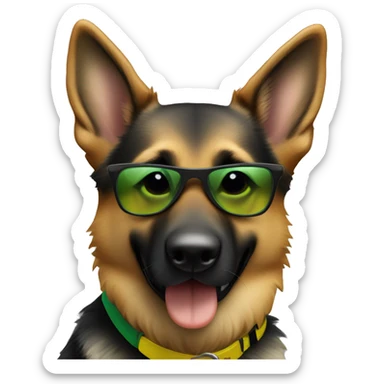 Slim weak german shepherd with green-yellow belt and full black sunglasses and hair colour gray and a little brown near mouth sticker