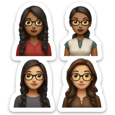 4 girls, 1 indian with glasses, 3 portuguese, all brunettes, brown eyes sticker