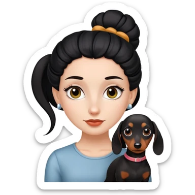 white  girl with black  bun, and a dachshund sticker