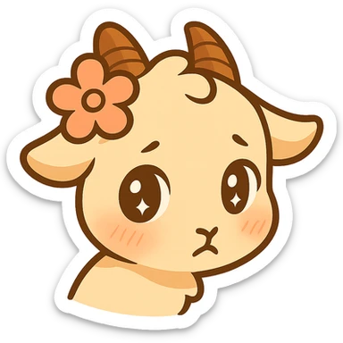 Chibi goat head only with a slightly tilted head to the side as if turned away shyly, looking up at the viewer as if peeking to see their reaction, shining eyes, blush, inspired by the full-body shy goat pose. Keep the simple clean chibi stickers style with a white background. Designed for a small emote. sticker