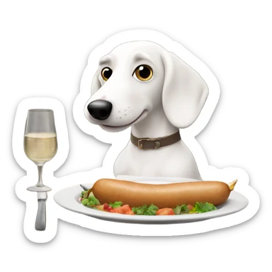 White sausage dog at table eating dinner sticker