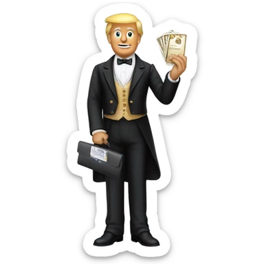 trump waiter Victorian dress elegant full body, holding big credit card sticker