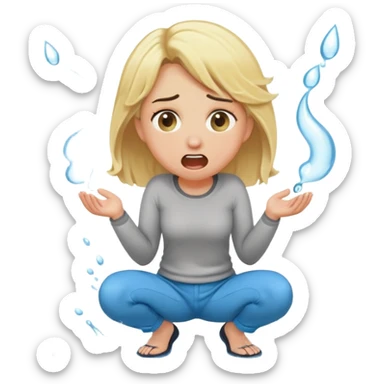 round-faced blond woman kneeling, shocked, playful cartoon stick with D-shaped knob and exaggerated features coming from trousers in front of her face, water jet into her mouth sticker