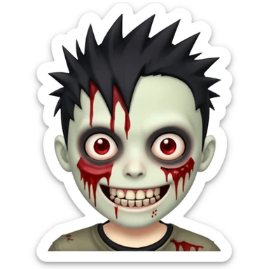 zombie boy with emo spiky hair, white skin, and white eyes; an open smile, and bloodied teeth; sticker