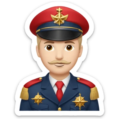 Captain with red hat that has a compass emblem on it  and high decorated medals and shoulder tassels  sticker