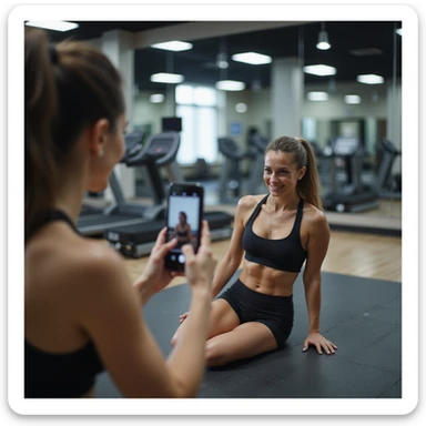 sporty woman in shorts and top in gym, doing abdominal exercises on mat, recording video check with smartphone for coach, gym with mirrors and equipment, hyperrealistic details, 4K sticker