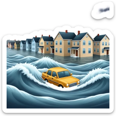 showing a flood disaster scene with strong water waves overflowing streets, partially submerged houses and cars, dark cloudy sky sticker