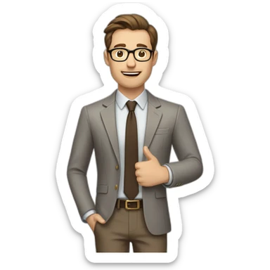 To belt Actively gesturing with hands 👌 Pale skinned fit man with dark brown hair in gray jacket, beige office shirt, brown tie, brown pants and vintage glasses. sticker