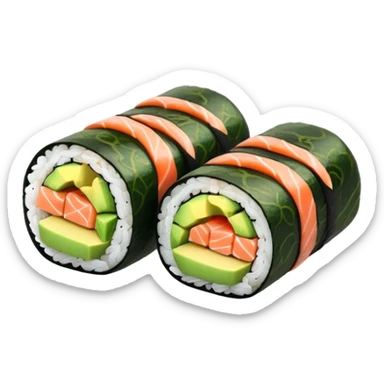 ["Salmon and avocado sushi roll wrapped in seaweed."] sticker