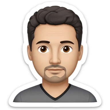 Hispanic man in his 40s with light tan skin. Square face with defined jawline. Warm dark brown eyes with calm gaze. Neutral friendly expression. Thick natural eyebrows. Black goatee with subtle gray hairs. Short curly dark hair with slight receding hairline. Wearing a black V-neck shirt. sticker